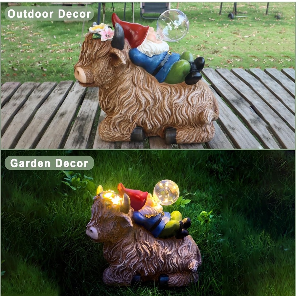 Solar Highland Cow Gnome Garden Decor Statue, Outdoor Funny Solar Light - Picture 4 of 10